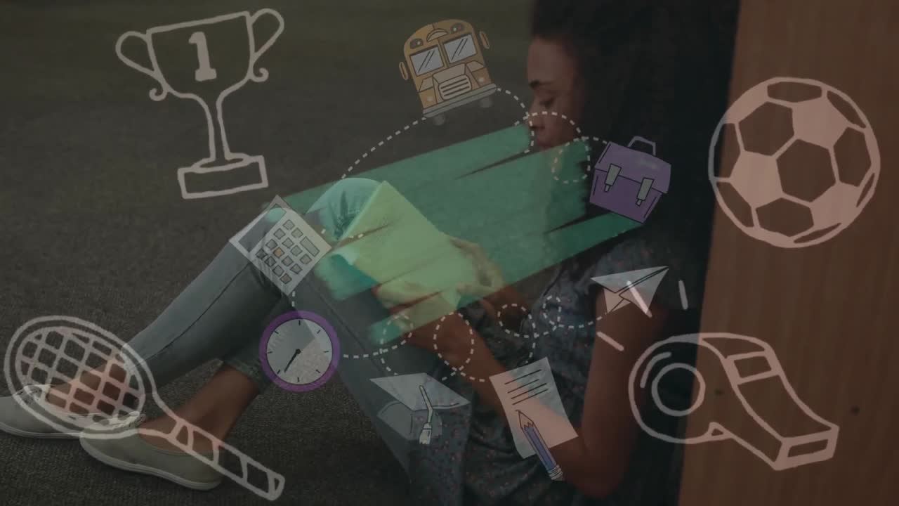 animación de objetos escolares iconos y gráficos sobre niña de escuela