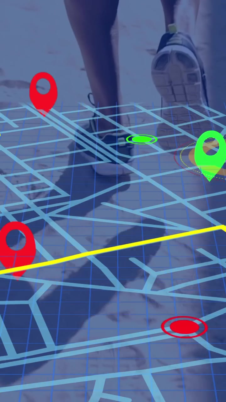 Navigator pin over navigation map line scheme against low section of african american man running