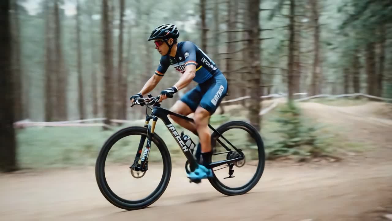 Cyclist mountain biking in woods