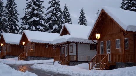 snowy mountain cabins at night