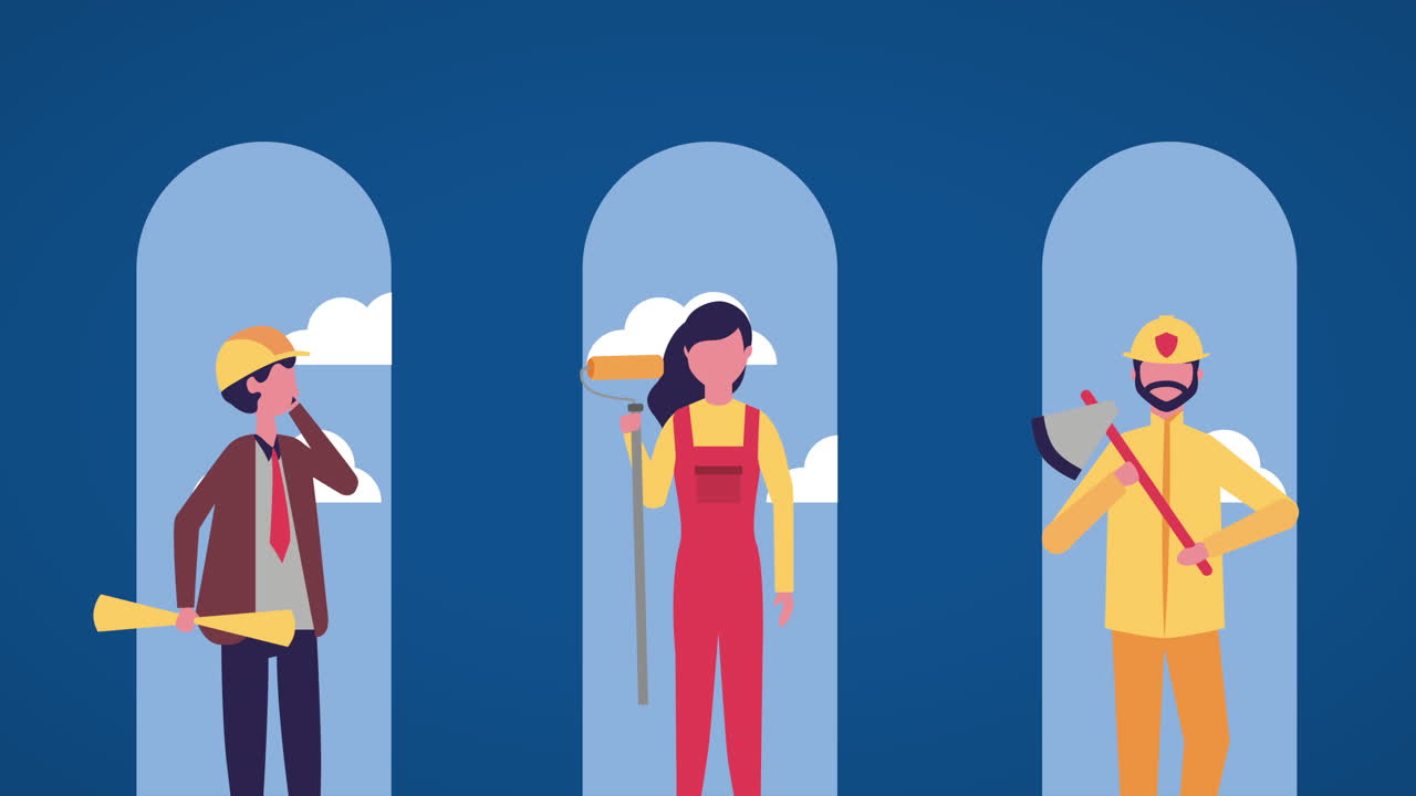 celebración del día del trabajo con personajes de trabajadores