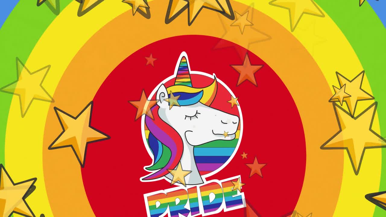 animación de texto de orgullo sobre unicornio, estrellas y arco iris de fondo.