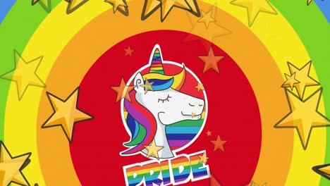 Animation-of-pride-text-over-unicorn,-stars-and-rainbow-background