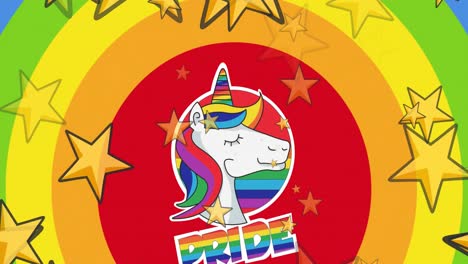 animación de texto de orgullo sobre unicornio, estrellas y arco iris de fondo.