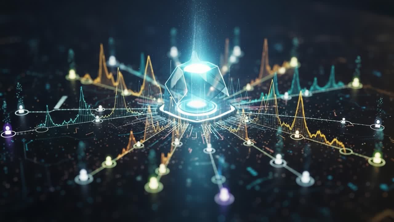 A Stunning Visualization of Data Dynamics Featuring Central Pyramidal Structure Surrounded by Multicolored Graphs and Signals in an Abstract Tech Environment