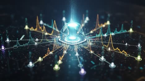 a stunning visualization of data dynamics featuring central pyramidal structure surrounded by multicolored graphs and signals in an abstract tech environment