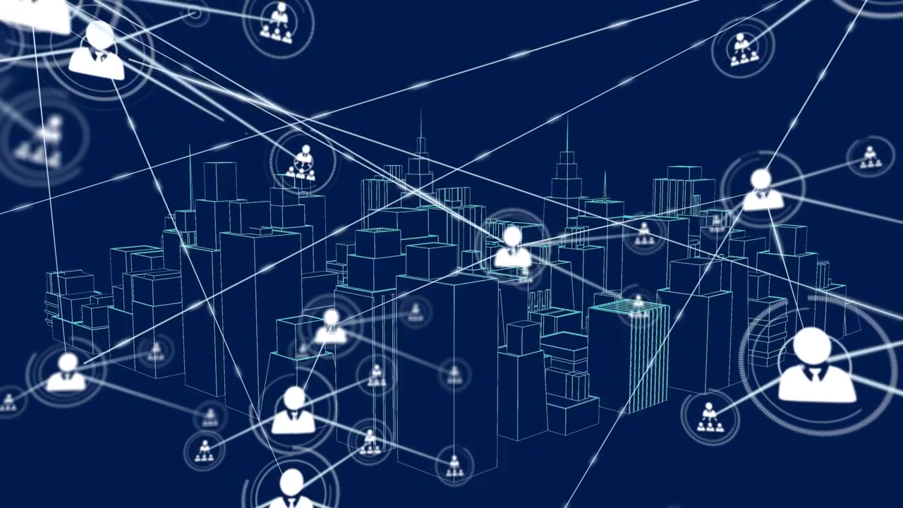 Animation of network of connections with people icons over 3d architectural city model