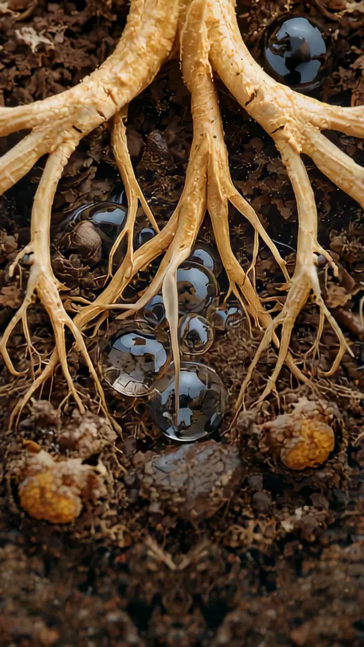 Vertical video: Oozing sap from root filament extending and contacting beads in soil, pulling beads