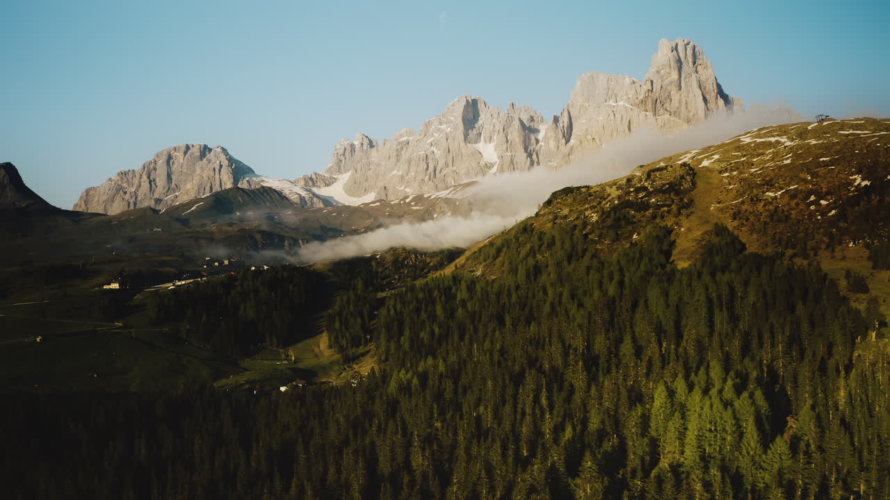 toma aérea de un camión de árboles verdes que crecen en los altos dolomitas de italia