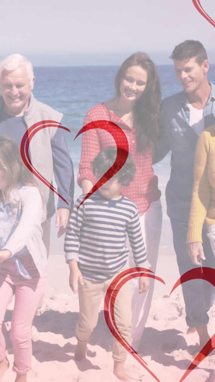 해변에서 백인 가족을 향해 떨어지는 마음의 애니메이션