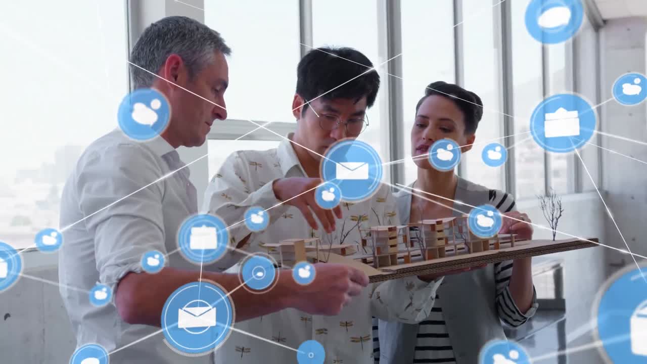 사무실에서 모델을 작업하는 다양한 동료들에 대한 디지털 아이콘 네트워크의 애니메이션
