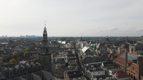 Parallax-drone-shot-of-old-church-in-between-the-old-Amsterdam-city-in-The-Netherlands