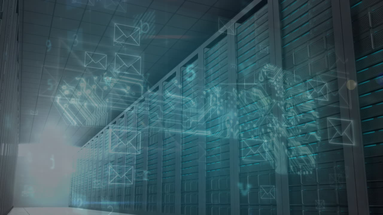 Animation of cyber attack warning text, envelopes and numbers processing over computer servers