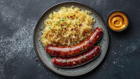 Gegrillte-Würstchen-Mit-Sauerkraut-Und-Senf-Auf-Dunklem-Hintergrund