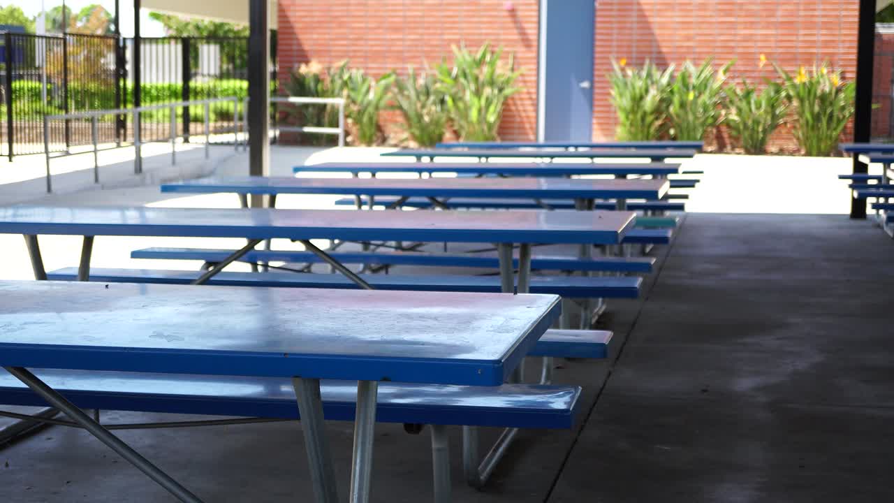 Area pranzo di una scuola elementare chiusa e vuota con tavoli