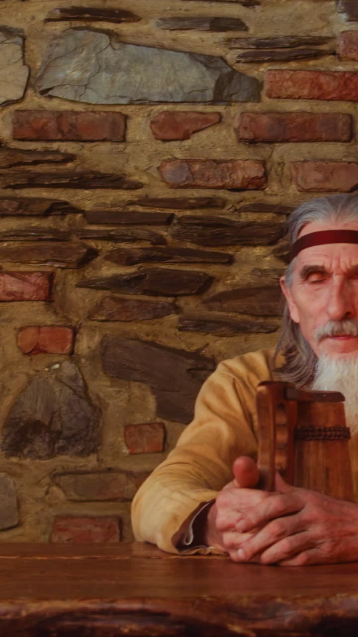 diferentes huéspedes descansan y camarera en la taberna medieval. fumador misterioso señor anciano cazador en capucha y joven doncella en el pub. reconstrucción histórica