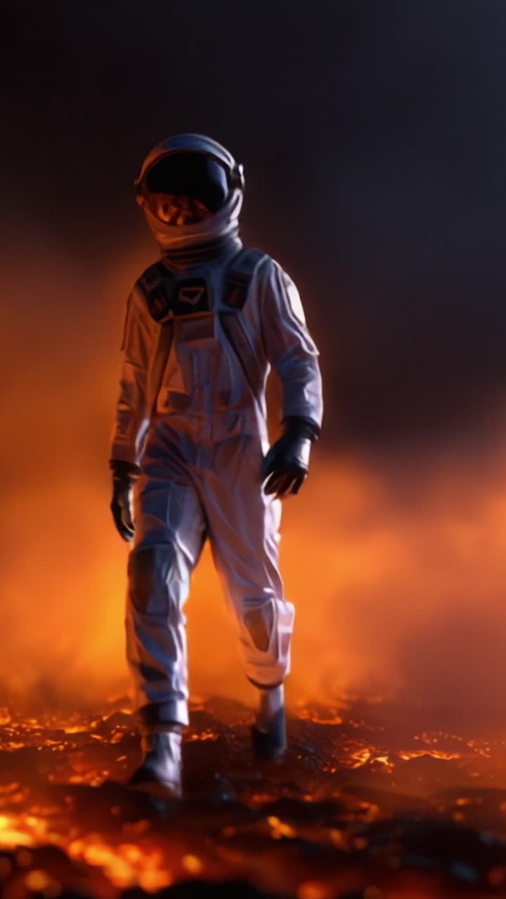 Un astronauta solitario navega por un paisaje alienígena ardiente, mostrando resiliencia y exploración en medio del terreno fundido, simbolizando la búsqueda de descubrimiento de la humanidad.