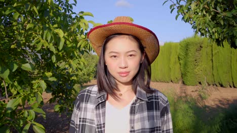 asian farmer comparing whole and bad pear in countryside