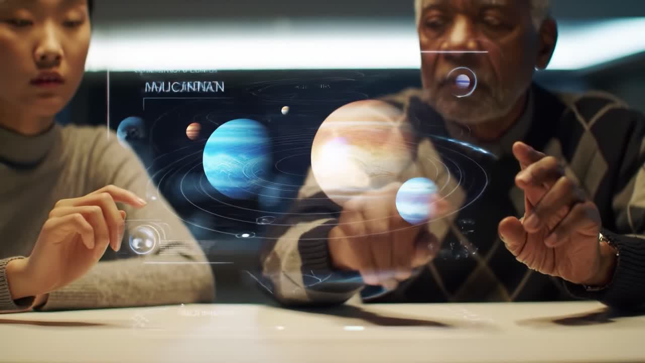 Two individuals interact with a holographic display of the solar system. They examine planets and celestial bodies while discussing astronomical concepts in a modern, tech-savvy space.
