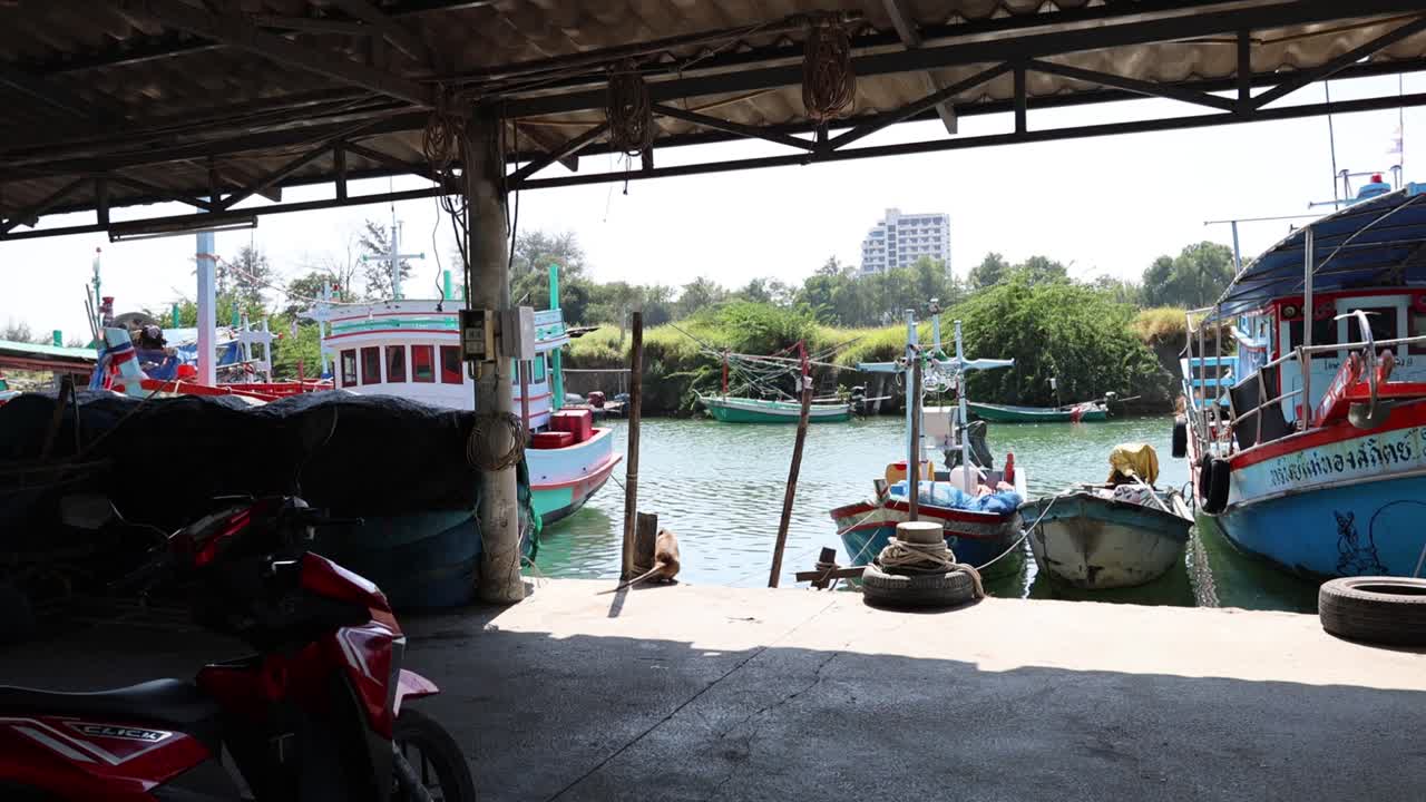 열대 항구 에 있는 보트 를 내려다보는 오토바이