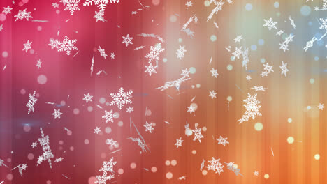 Snowflakes-and-white-spots-floating-against-red-and-orange-striped-gradient-background