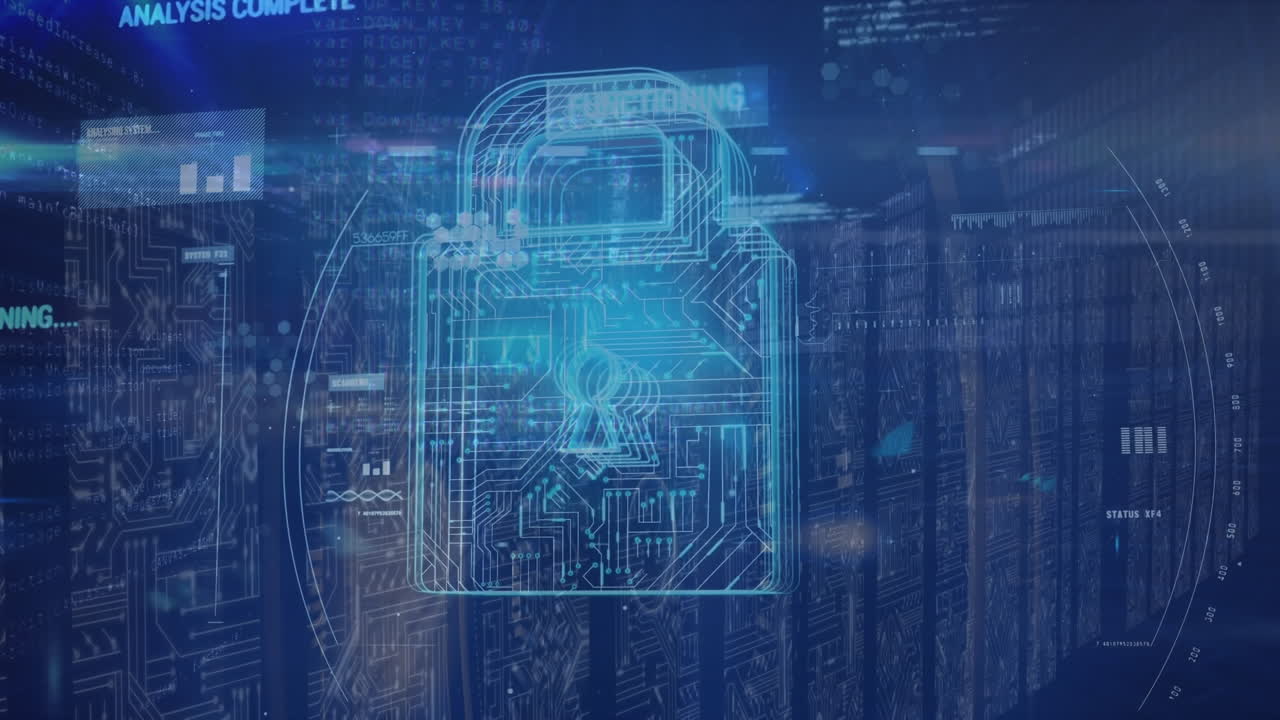Animation of scope scanning over security padlock icon and data processing against server room