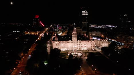 monument at night, pan to right. drone shot