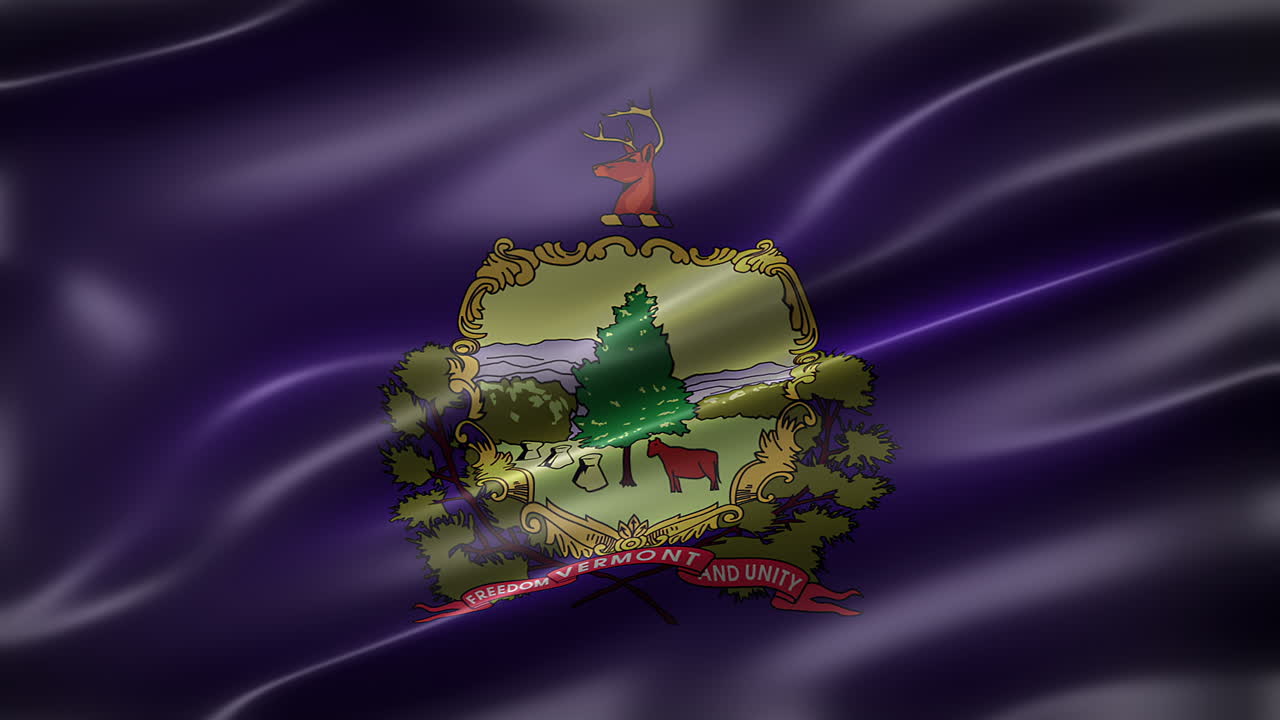 The Flag of the State of Vermont, font view, full frame, sleek, glossy, fluttering, elegant silky texture, waving in the wind, realistic 4K CG animation, movie-like look, seamless loop-able
