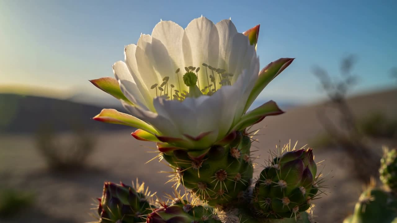 Sunlight coaxing white cactus bloom unfolding petals in desert, revealing stamens and unopened buds