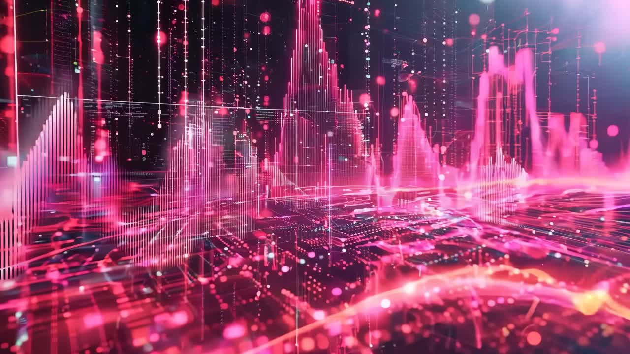 핑크색 불빛과 배경의 선을 가진 미래의 도시