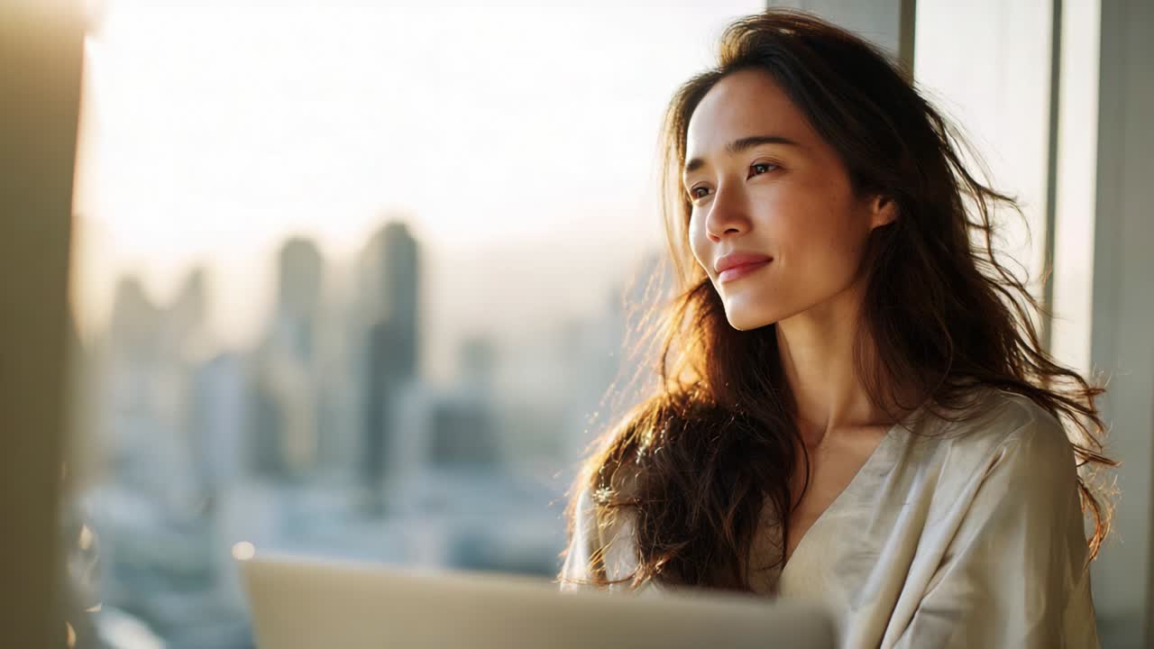 A Thoughtful Woman Gazes into the Horizons of Possibility While Sitting by a Window in an Urban Setting, Embracing the Serenity of a Sunlit Evening, Reflecting on Life's Journey Ahead