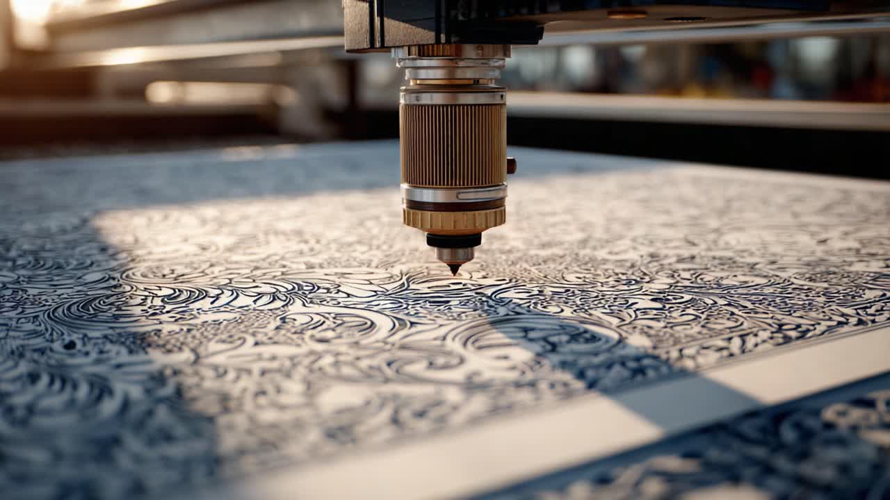 Precision Laser Cutting Process Captured in Two Frames: Close-Up of Laser Engraving Machinery on Intricate Design Patterns in a Workshop Environment