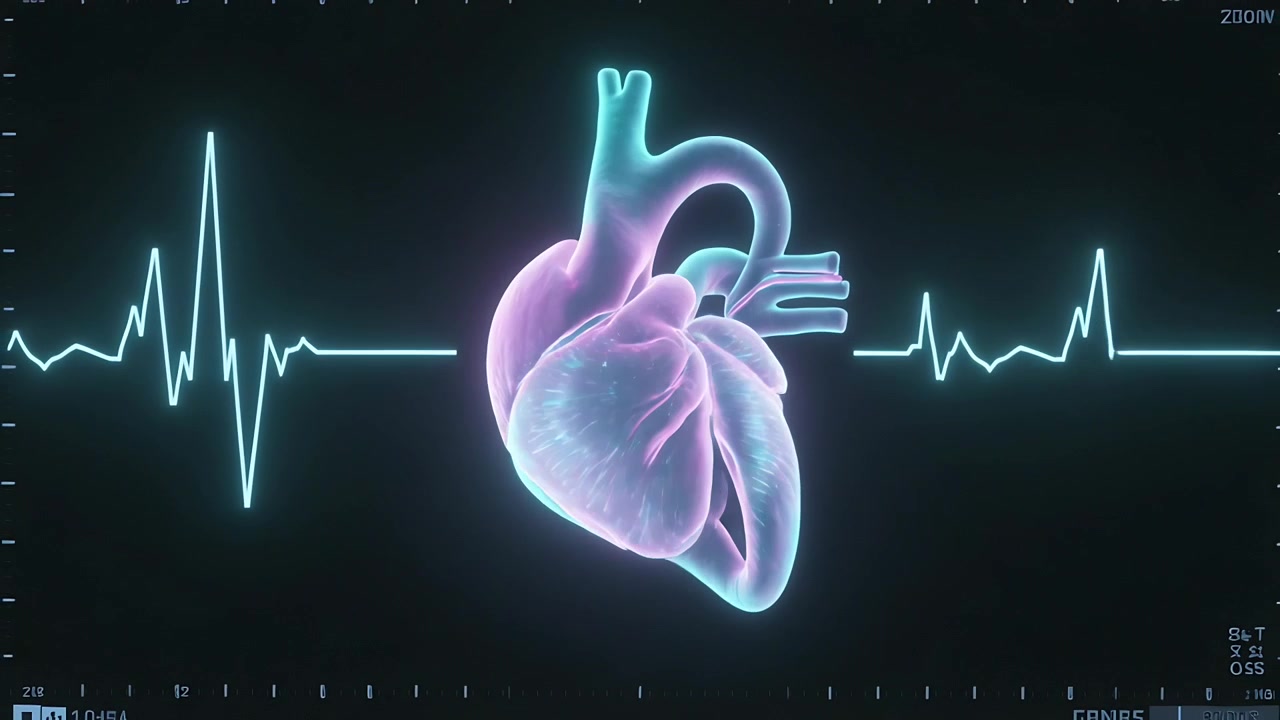 Cuore 3D al neon che pulsa, si contrae e si illumina su un monitor medico con particelle, in risposta a un picco ECG.