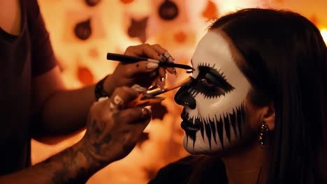 woman getting halloween makeup applied