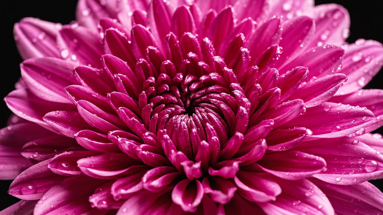 Primo piano di un fiore di crisantemo rosa vibrante con goccioline d'acqua