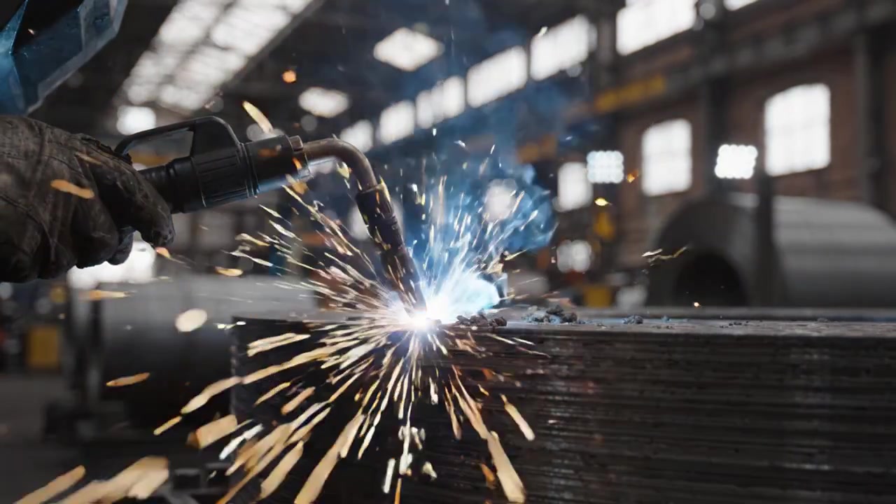 Welding Sparks Erupt in Industrial Workshop: A Welder Creates Metal Structures with Precision in a Dynamic and Exciting Manufacturing Environment