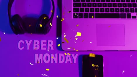 Animation-Von-Konfetti-über-Cyber-Monday-Text,-Laptop,-Smartphone-Und-Kopfhörern-Auf-Violettem-Hintergrund