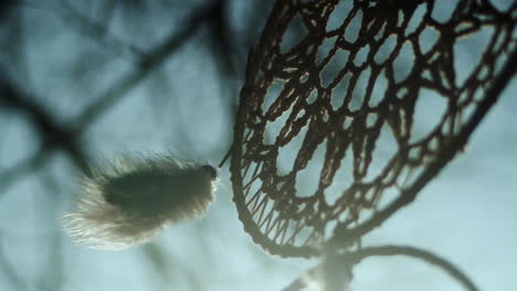 close-up of a dreamcatcher with a feather