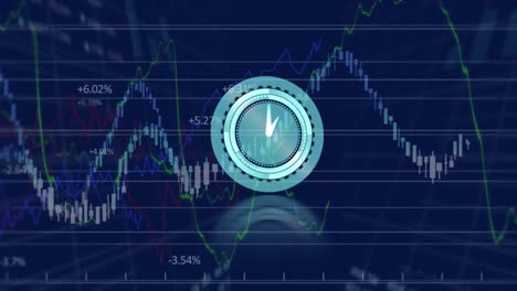 Animation-of-neon-ticking-clock-over-financial-and-stock-market-data-processing-on-blue-background