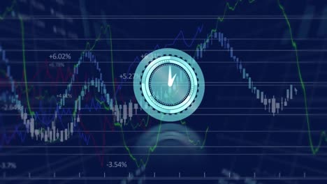 animación del reloj de neón sobre el procesamiento de datos financieros y del mercado de valores sobre un fondo azul