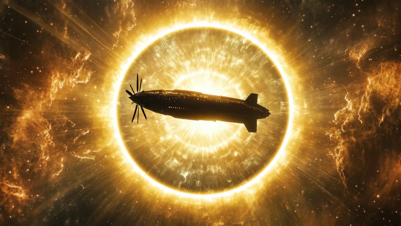 A spaceship silhouette against a glowing cosmic halo, captured from a low angle