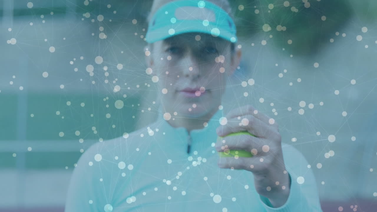 woman tennis player holding tennis ball on court, interacting with technology network node overlay