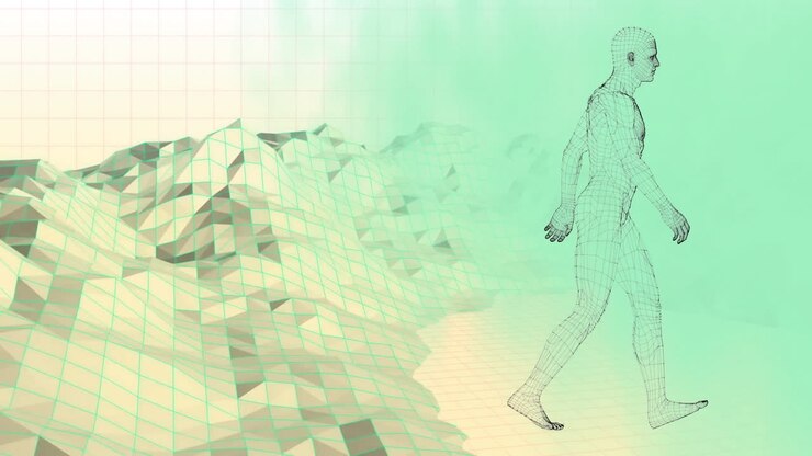 Digital composite of a walking man over a graphic mountain