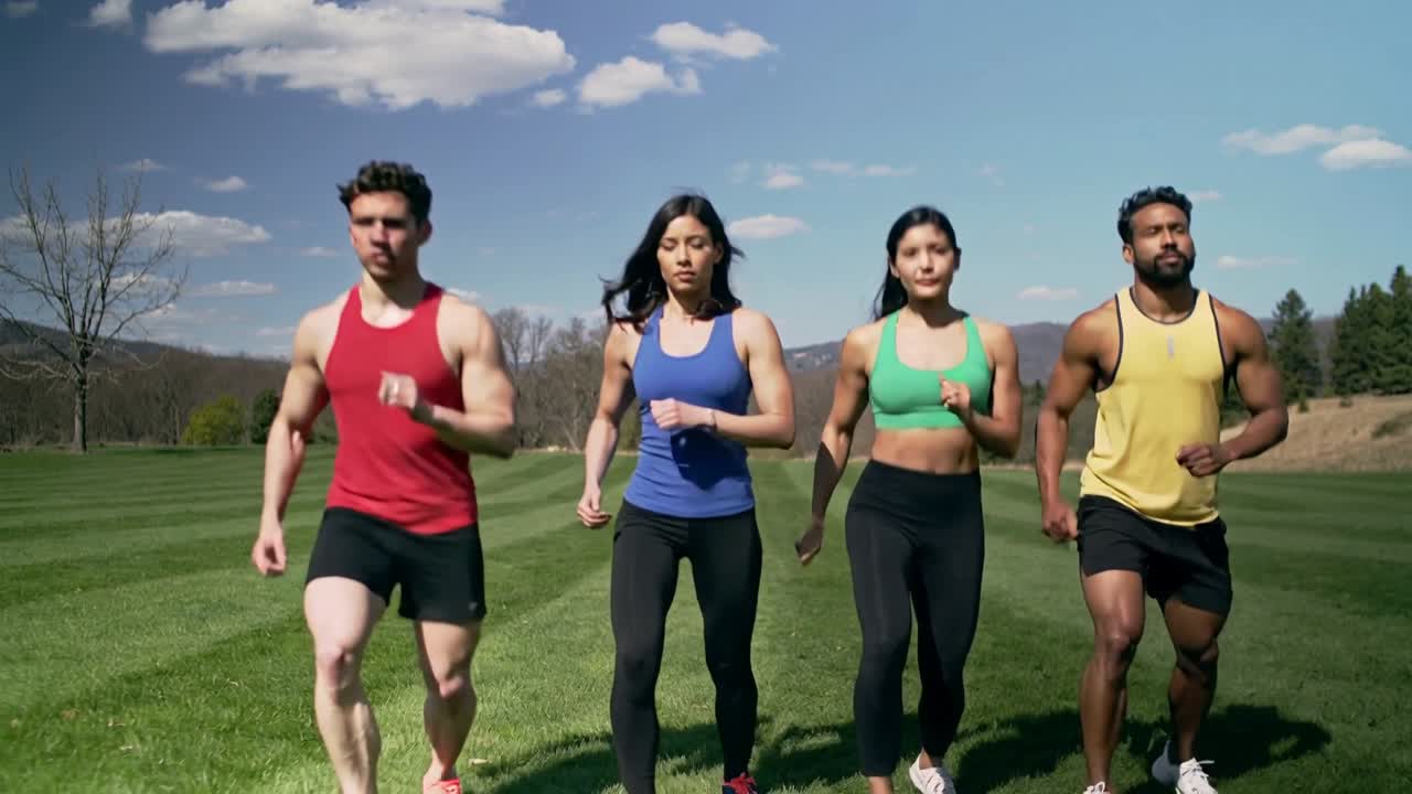 Quattro amici che iniziano a fare jogging verso l'obiettivo attraverso l'erba tagliata, in abbigliamento sportivo e scarpe da corsa per l'allenamento.