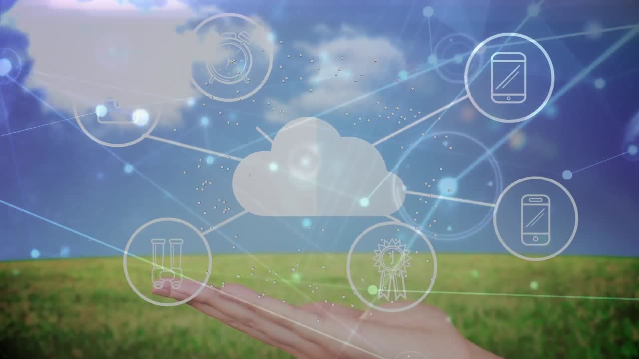 손과 시골의 생태학 아이콘과 연결 네트워크의 애니메이션