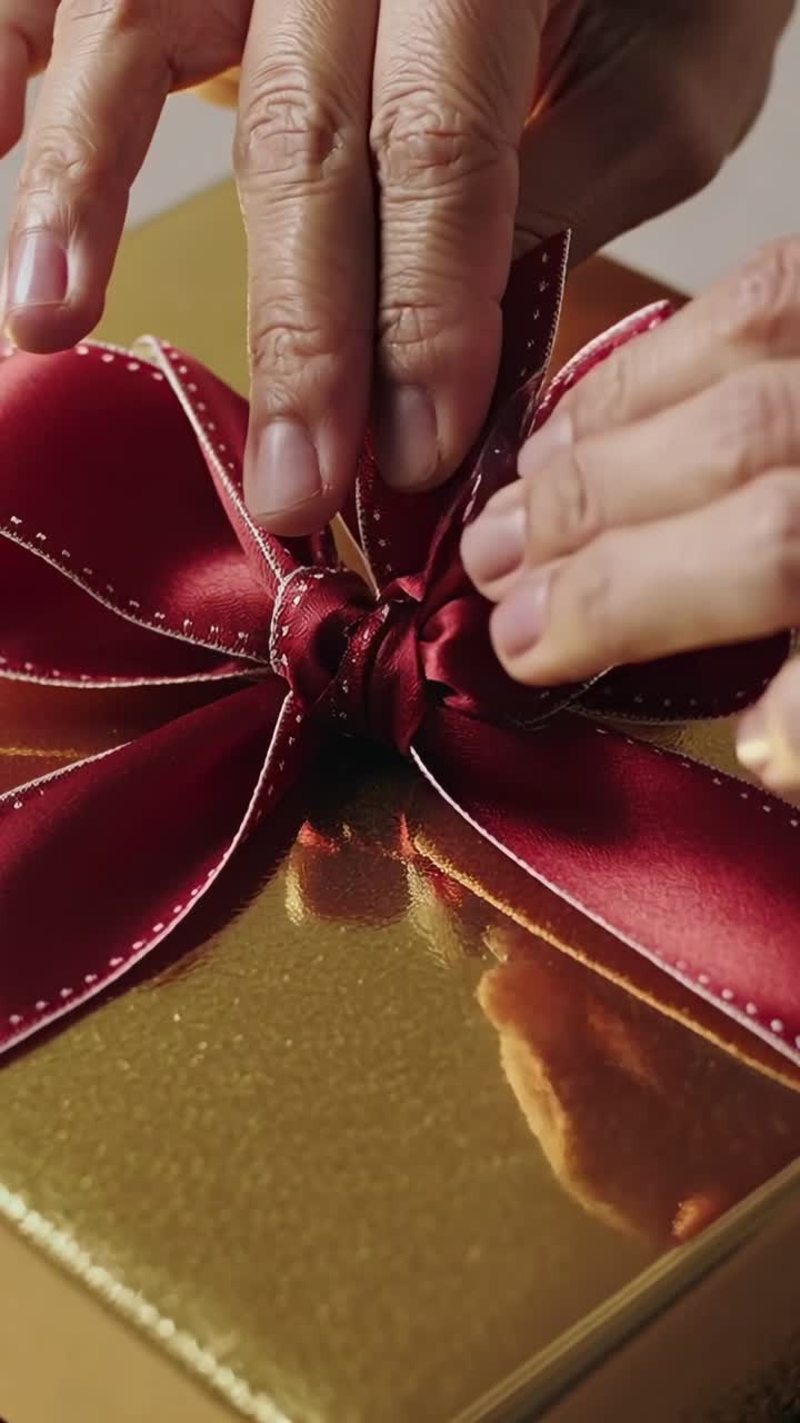 Vertical video: Entering adult hands adjusting red ribbon bow on tabletop with gold box