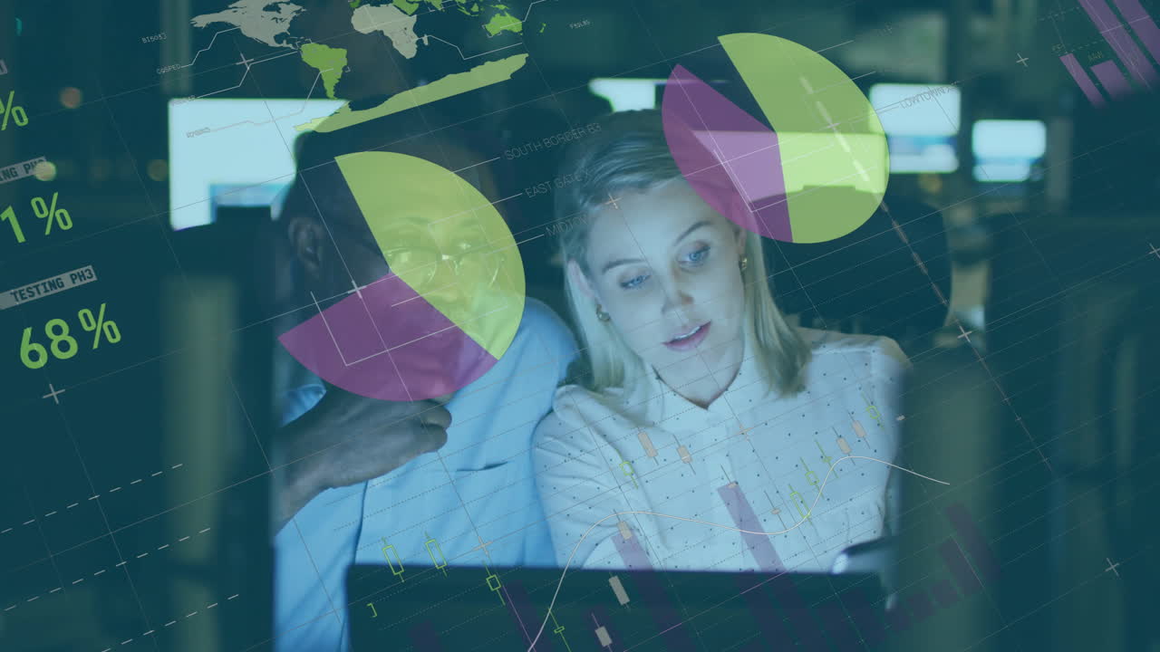 Animation of financial data processing over diverse business people in office