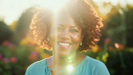 a happy senior woman smiles for the camera in a garden