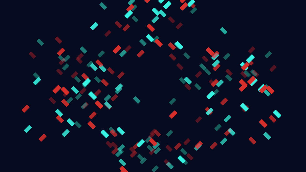 A minimalist abstract artwork depicting a circular spiral pattern with red and blue squares. The contrast of colors adds a visually striking element against the dark background