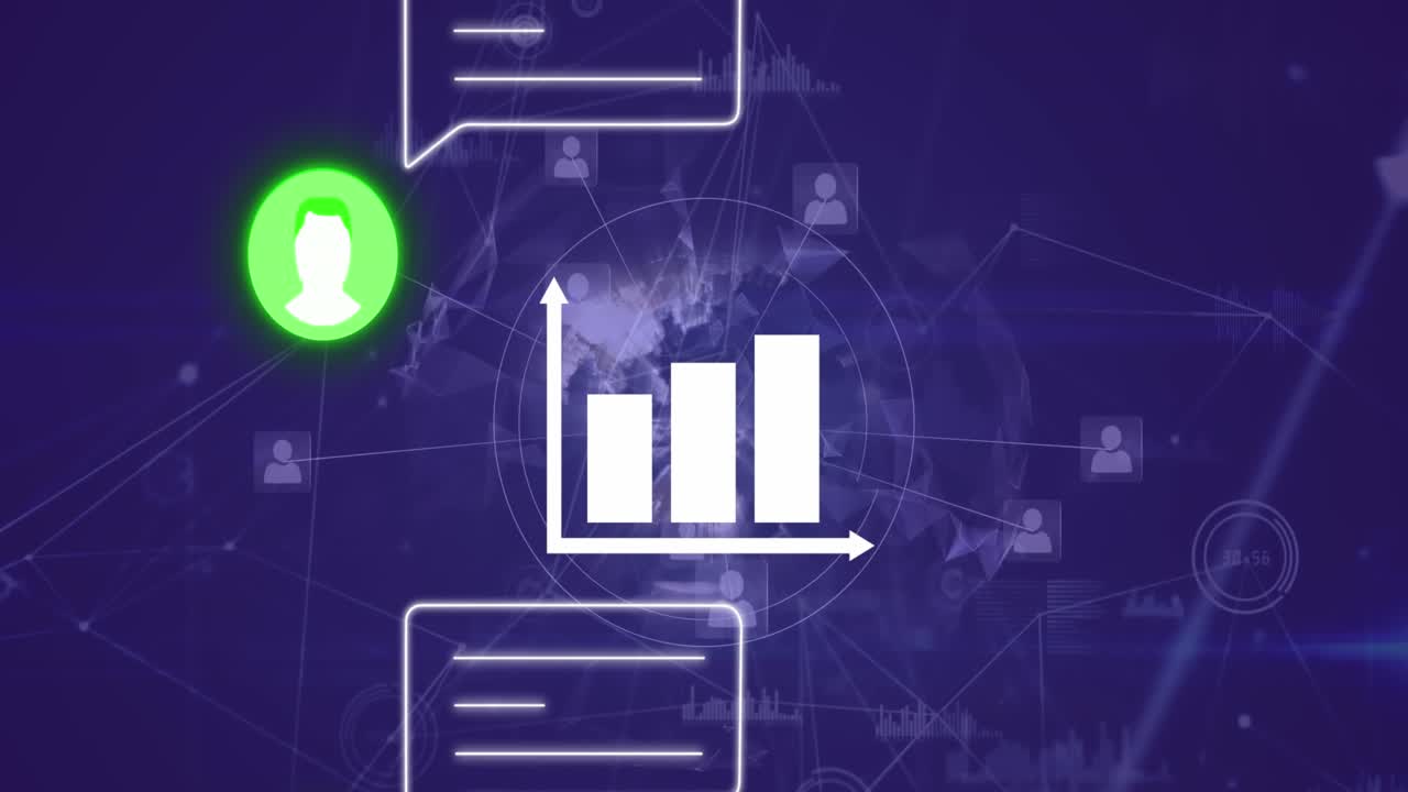 Animation of profile and message icon over spinning globe and network of connections